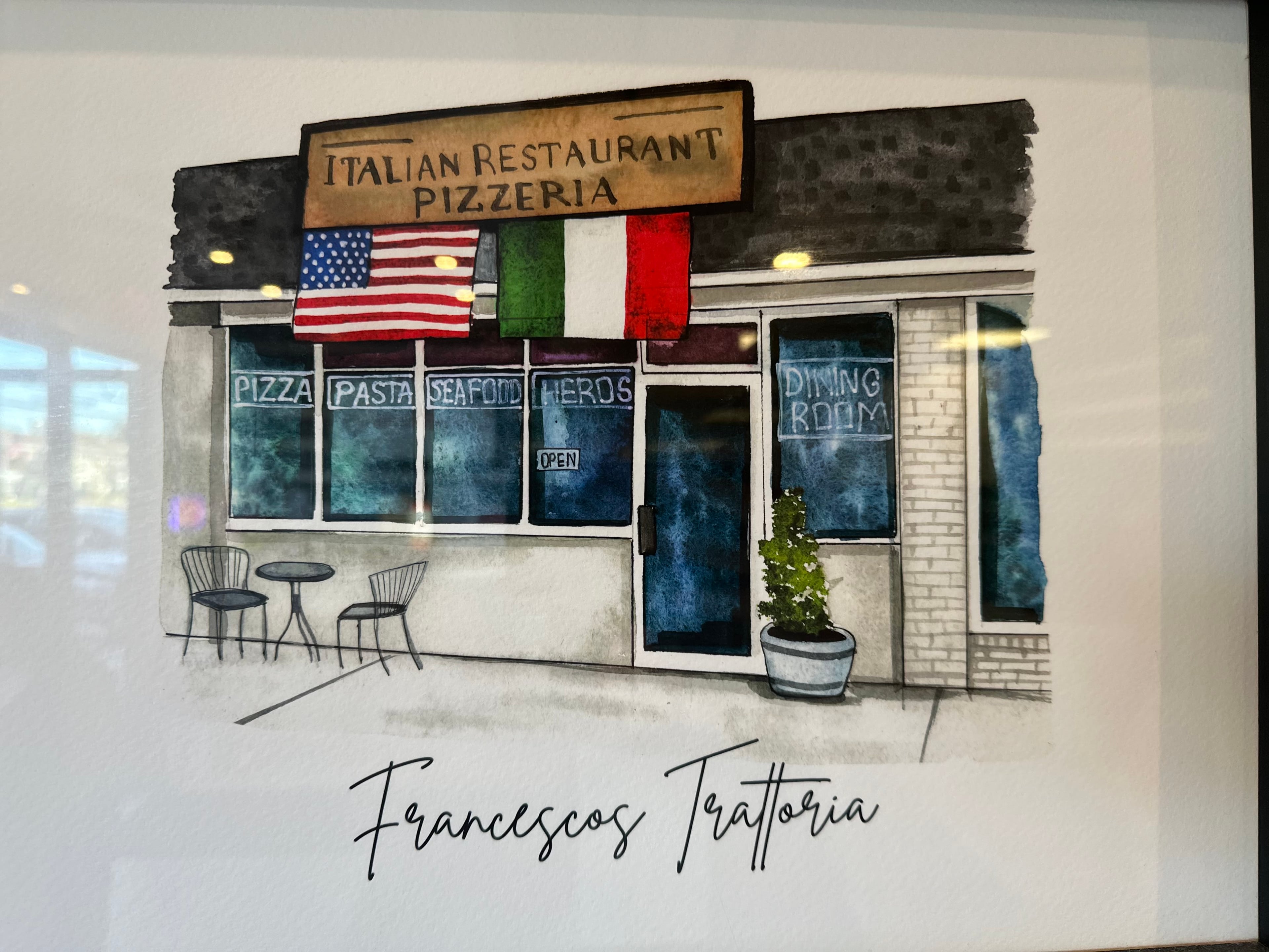 Beautiful watercolor painting of Francesco's Trattoria front